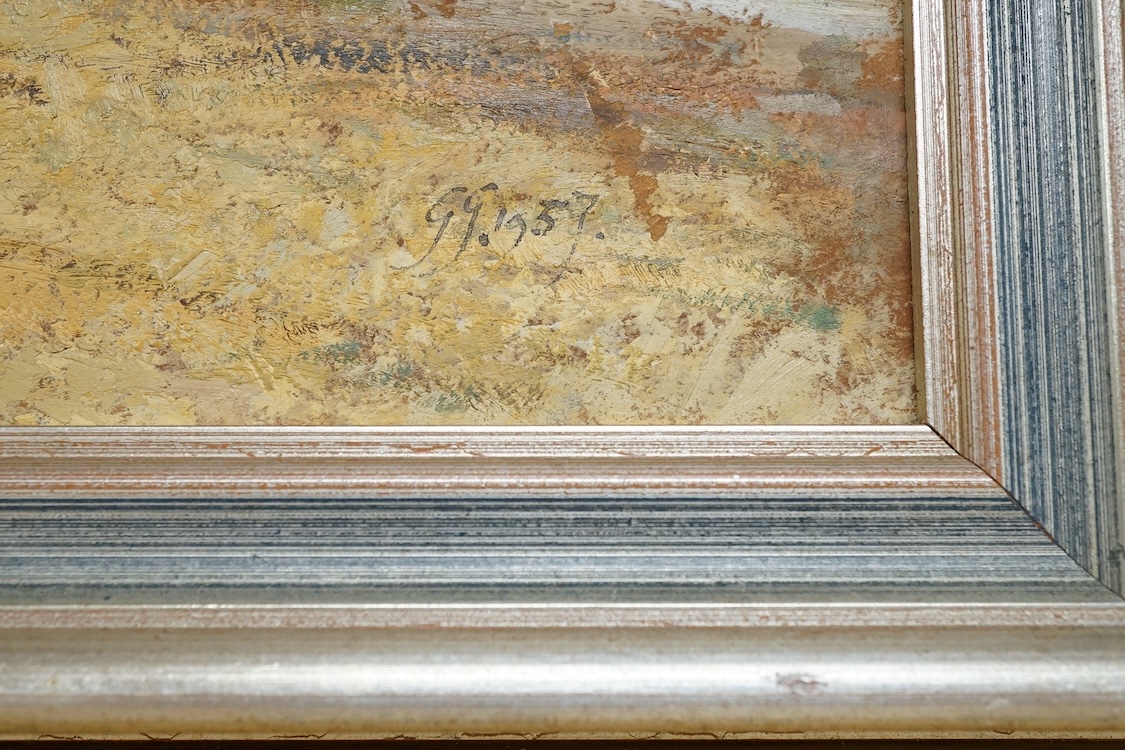 Gerald Gardiner (1902-1959), oil on board, 'Aldeburgh, Unsettled weather', monogrammed and dated 1957, 30 x 51cm. Condition - fair to good